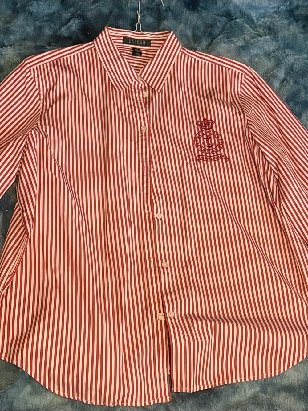 Women’s Ralph Lauren Red & White Striped Crest Button-Down Shirt
